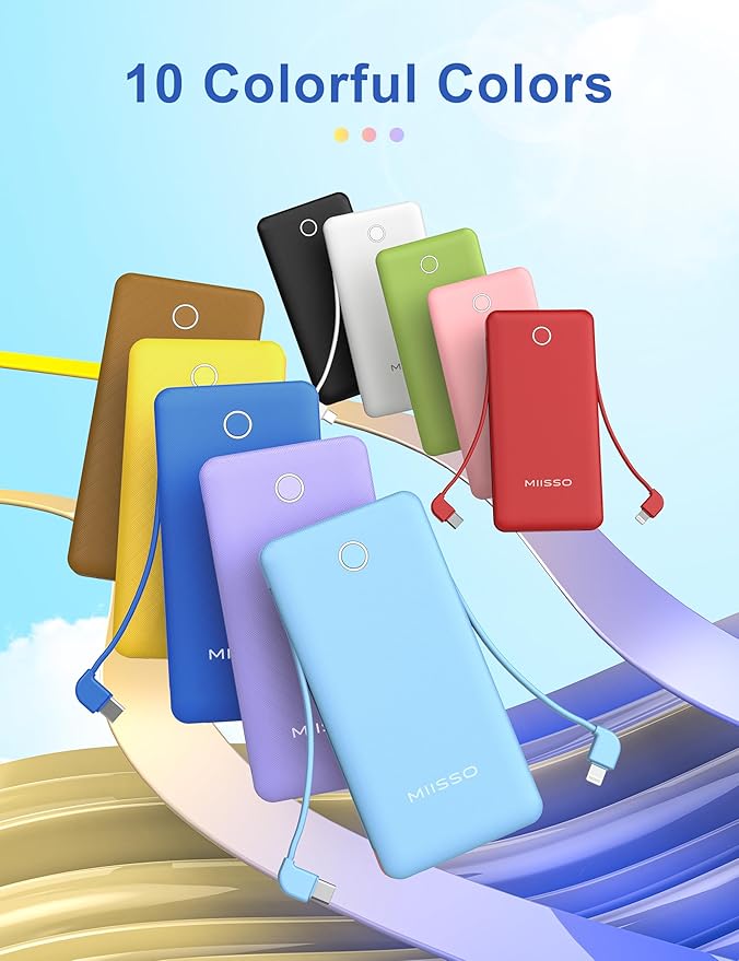 10000mAh Slim Portable Charger with Built in Cable, Power Bank Travel Charger External Battery Pack for Phone, 4 Output USB Type C Cord Clutch Charger Compatible with iPhone, Brown