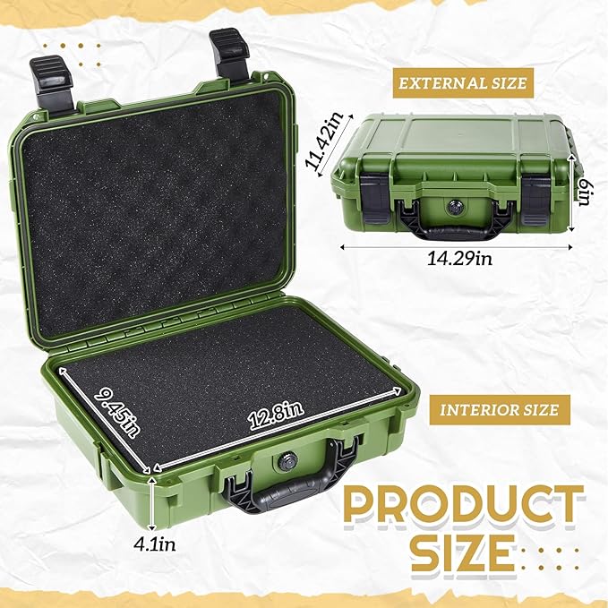14.3 x 11.4 x 4.5 Inch Waterproof Hard Case with DIY Customizable Foam Insert Portable Protective Case with Knife for Camera Drones Equipments Tools Test Instruments (Green)