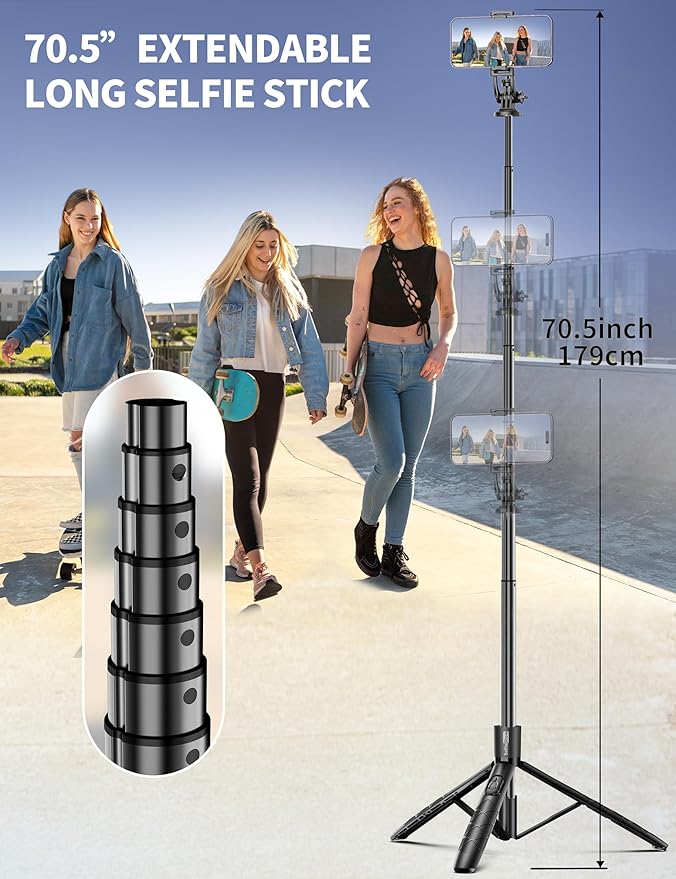 Aluminum 71" Phone Tripod with Remote, Extendable & Compatible with iPhone 15/14/13/Android/Camera