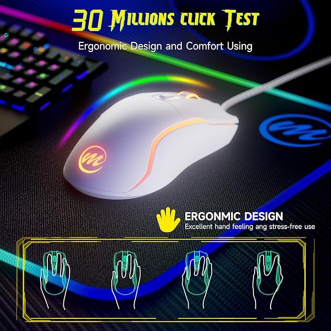 memzuoix Wired Gaming Mouse with RGB - 6 Adjustable DPI up to 12800, 6 Buttons, 12 Lighting Modes, Ergonomic Design with Anti-Slip Rubber Wheel, 5.6ft Braided Cable for PC/Mac/Windows - White