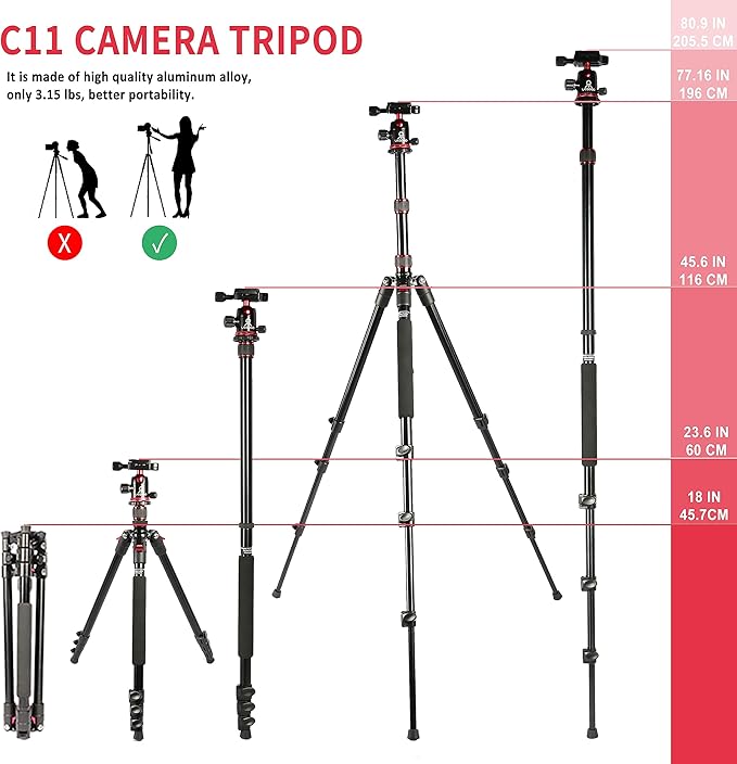 77" Camera Tripod,Foldable Lightweight Aluminum Tripod & Monopod with 360 Degree Ball Head Load Capacity 8kg/17.6lbs for DSLR Cameras Canon Nikon Binoculars Laser Telescope(Red)