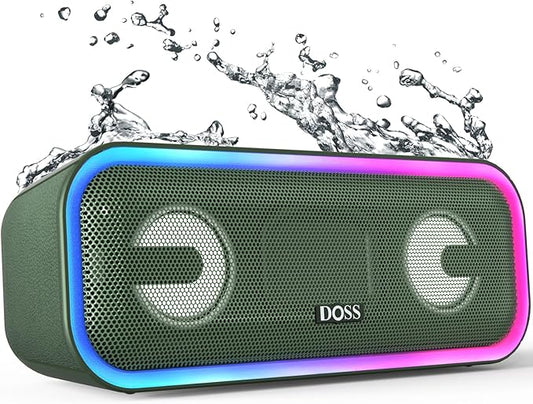 DOSS SoundBox Pro+ Bluetooth Speaker with 24W Impressive Sound, Booming Bass, IPX6 Waterproof, 15Hrs Playtime, Wireless Stereo Pairing, Mixed Colors Lights, 66 FT- Green