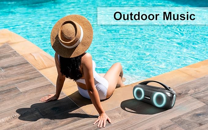 Fisher Portable Bluetooth Speaker IPX5 Water Resistent Speaker, 60W Peak Power Bluetooth Stereo Boombox HD Sound, 3H Playtime, LED Lights, TWS, BT5.3, FM Radio, AUX, Wireless Electronic Home Outdoor