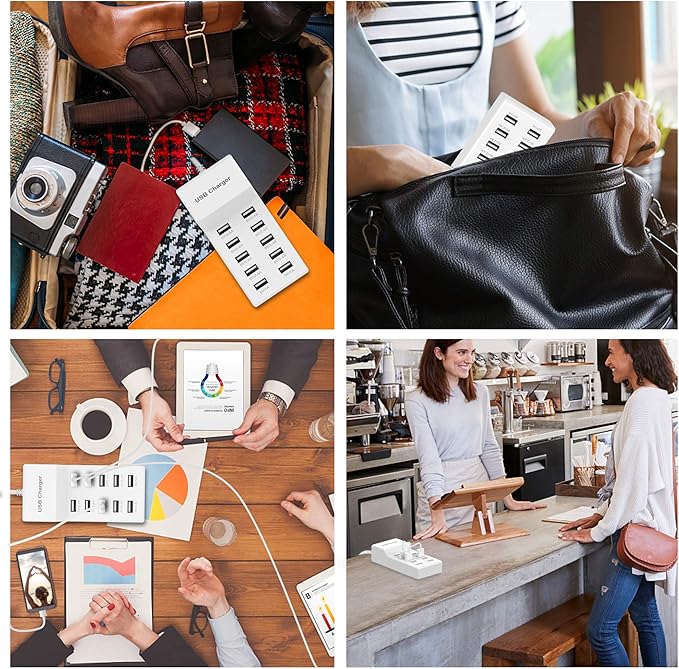 USB Charger Station Block with Rapid Charging Auto Detect Technology Safety Guaranteed 10-Port Family-Sized Smart USB Ports for Multiple Devices Smart Phone Tablet Headphones