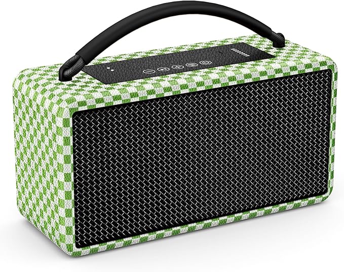 DINDIN Portable Bluetooth Speaker: 80W (Peak), 20H Playtime, Loud Wireless Wood Speakers with Bass, AUX and USB Input, Subwoofer, TWS Pairing, Vintage Speaker for Outdoor, Home, Office (White+Green)