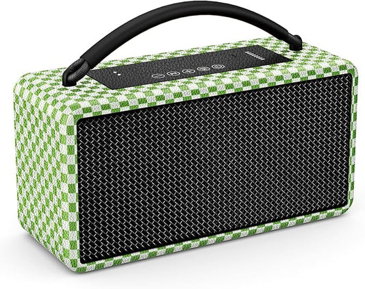 DINDIN Portable Bluetooth Speaker: 80W (Peak), 20H Playtime, Loud Wireless Wood Speakers with Bass, AUX and USB Input, Subwoofer, TWS Pairing, Vintage Speaker for Outdoor, Home, Office (White+Green)