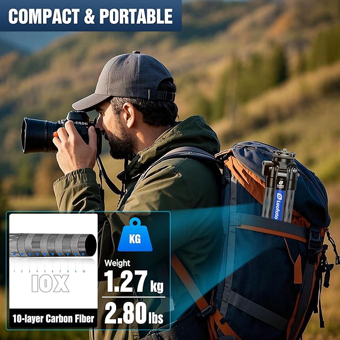 Compact Carbon Fiber Tripod with Leveling Base for Camera, 360° Rotating Portable Tripod with 3/8" Screw for Sport Camera/Phone Holder/Projector, A Bubble Level, Folded Length 21.06", Max Load 22LB