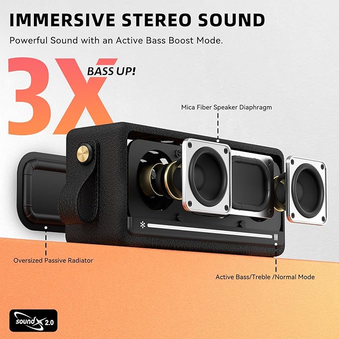 Bluetooth Speakers, 40W Peak Portable Wireless Retro Speaker, IP67 Waterproof, TWS Pairing, Active Extra Bass, Bluetooth 5.3 Loud Speaker with LED Lights, for Office, Home, Party, Outdoor, Beach, Gift