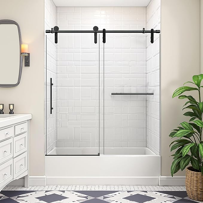56-60" W x 66" H Tub Shower Door Bathroom Sliding Shower Door 5/16"(8mm) Thick Tempered Glass Shower Door with Double Stainless Steel Handles for Bathtub, Matte Black
