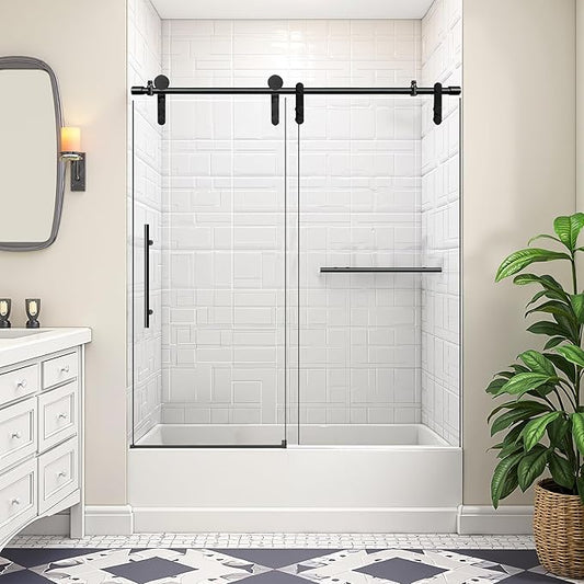 56-60" W x 66" H Tub Shower Door Bathroom Sliding Shower Door 5/16"(8mm) Thick Tempered Glass Shower Door with Double Stainless Steel Handles for Bathtub, Matte Black