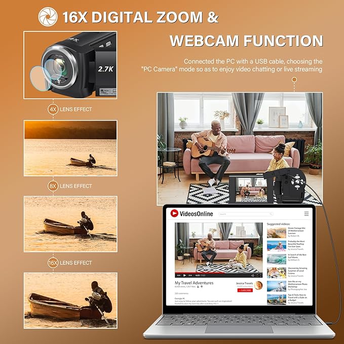 Camcorder Video Camera QHD 2.7K 56MP 16X Digital Zoom Vlogging Camera with LED Fill Light for YouTube, 2.8 Inch 270 Degree Rotation LCD Screen Camcorder with 32GB SD Card and Two Batteries