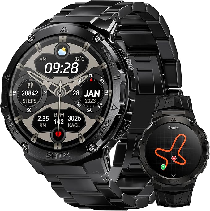 Smart Watches for Men GPS, Pressure,Altitude,Compass, 480mAh Extra-Large Battery, 50M Waterproof, Full Metal Body Rugged Smartwatch, Answer/Make Call,1.43" AMOLED Display(2 Bands)