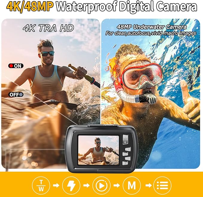 Digital Camera - 4K 48MP 10FT UHD Underwater Camera Snorkeling with 32GB Card, Waterproof Camera for Snorkeling Floatable, Point Shoot Digital Camera Gift for Boys Girls Kids