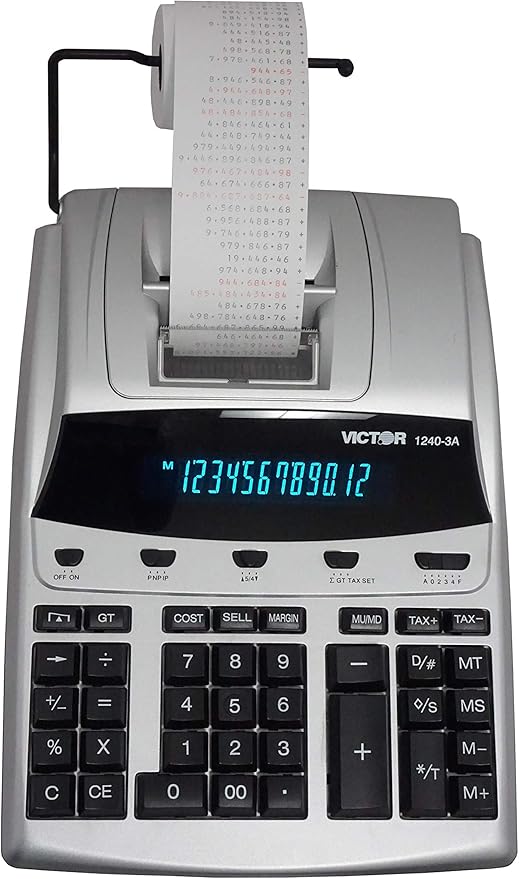 Victor 12-Digit Desktop Adding Machine, Large Easy To Read Display, Tape Print Out with 4,5 lines-per-second ribbon printer, Tax, Cost, Sell and Margin keys (1240-3A)