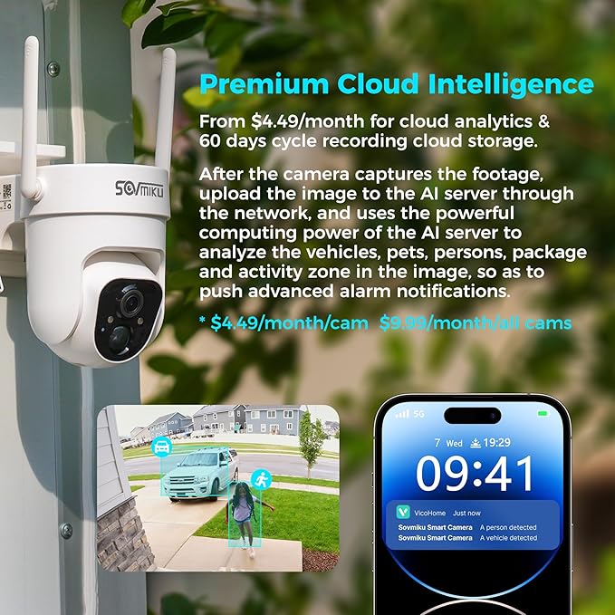 Vicohome 2CQ4 2K AI Solar Security Camera Wireless Outdoor and Indoor Camera, Battery Powered Cam, Color Night Vision,Two Way Audio,PIR Motion Detection, 360° View Pan/Tilt,Easy to Setup