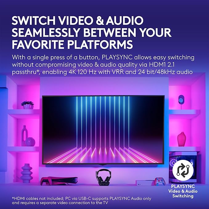 Logitech G Astro A50 X Omni-Platform Wireless Gaming Headset + Base Station for PS5, Xbox, PC: PLAYSYNC Video & Audio Switcher, HDMI 2.1 4K 120Hz VRR, <24 bit/48 kHz, 24hr Battery, 2.4GHz & BT - Black