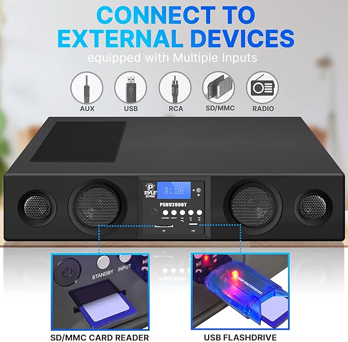 Pyle 3D Surround Bluetooth Soundbar - Sound System Bass Speakers Compatible to TV, USB, SD, FM Radio with 3.5mm AUX Input , Remote Control, For Home Theater - PSBV200BT,Black