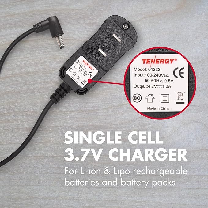 Tenergy 4.2V 1A Battery Charger with DC 4017 4.0x1.7 Connector, for 3.7V Li-ion 1S Rechargeable Battery