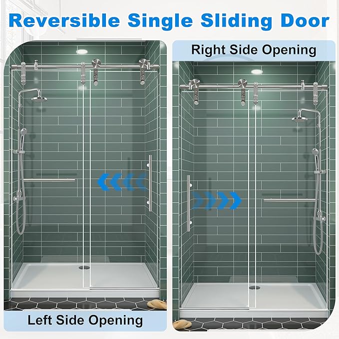 44-48" W x 76" H Frameless Shower Door Bathroom Sliding Shower Door 5/16"(8mm) Thick Tempered Glass Shower Door with Double Stainless Steel Handles for Walk-in Shower, Brushed Silver