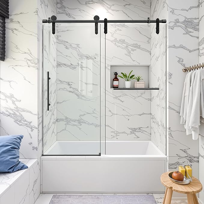 56-60" W x 66" H Tub Shower Door Bathroom Sliding Shower Door 5/16"(8mm) Thick Tempered Glass Shower Door with Double Stainless Steel Handles for Bathtub, Matte Black