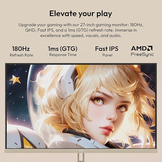 Pixio PX278 Wave Beige 27 inch 180Hz Refresh Rate QHD 1440p Resolution Fast IPS Panel 1ms GTG Response Time Beige Gaming Monitor with Adaptive Sync