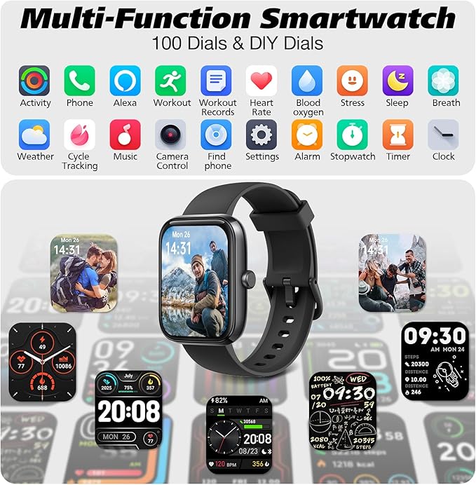 Smart Watch for Men Women with Bluetooth Call,Alexa Built-in Smartwatch,1.8" DIY Dial Fitness Watch with 100+ Sport Mode,IP68 Waterproof Watch Compatible with Android iOS