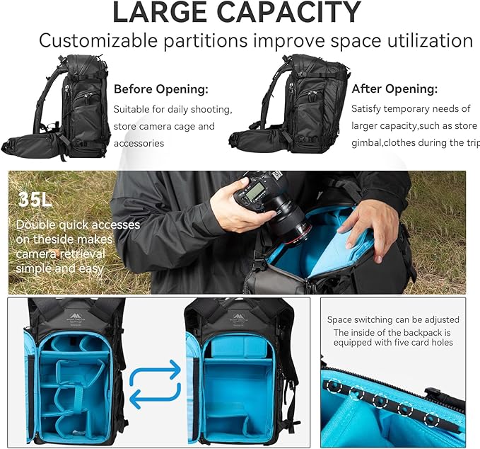 Tenzing 25L Camera Backpack with Rain Cover for Photographers 14 inch Laptop Compartment Waterproof Large Camera Bag for Drone,Cameras, Batteries, Lenses,Tripod(Black)