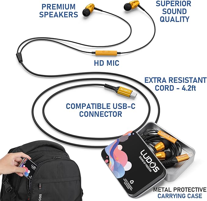 LUDOS OMNITONE USB C Headphones for iPhone 16 15 Pro Max Plus iPad Pro, 5 Years Warranty, USB-C Earbuds for Samsung Galaxy S24 S23 Ultra S22 S21 S20 A55 A54 A53, USB Type C Earphones - Gold