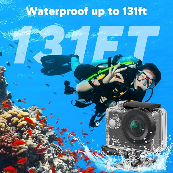 AKASO EK7000 4K30fps Action Camera with 64GB MicroSDXC U3 Memory Card Accessories Kit Bundle Ultra HD 131FT Waterproof Underwater Camera EIS WiFi Remote Control 4X Zoom, Black