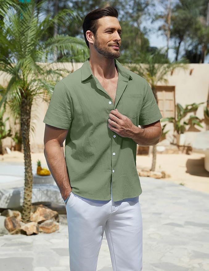 Vssjavun Mens Short Sleeve Button Down Shirts Casual Cotton Shirt Summer Beach Tops with Pocket