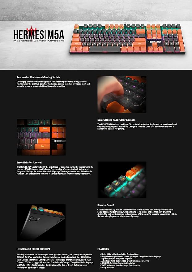 GAMDIAS Hermes M5A Mechanical Gaming Keyboard, Multi-Colored LED Effect and N-Key Rollover (Hermes M5A), Black