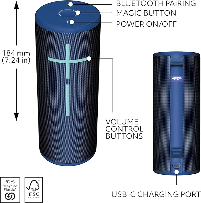 Ultimate Ears Boom 4 Portable Waterproof Bluetooth Speaker with 360-Degree Immersive Sound, Outdoor Floating Speaker, 15-Hour Battery, 147ft Range - Blue