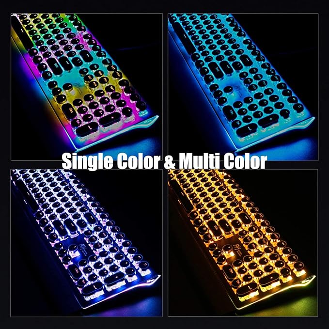 RK ROYAL KLUDGE S108 Typewriter Keyboard, Retro Mechanical Gaming Keyboard Wired 108 Keys with RGB Backlit Sidelight, Detachable Wrist Rest, Round Keycaps Blue Switches - Black