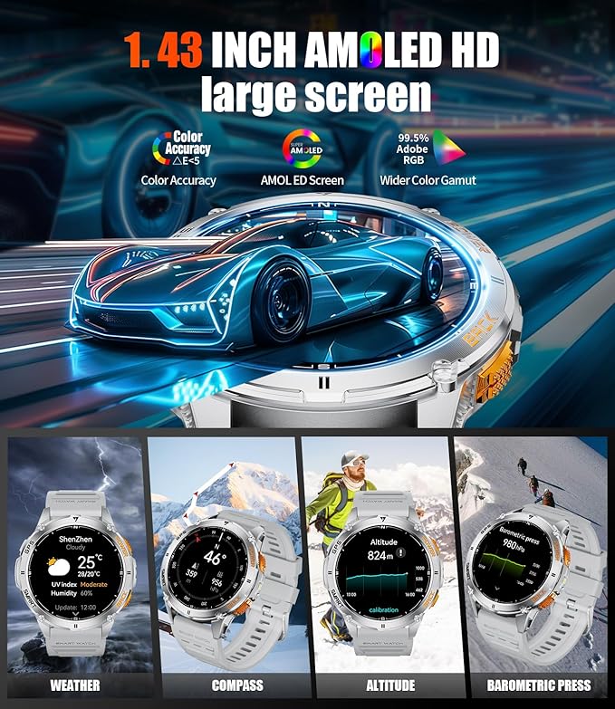 LIGE GPS Smart Watch for Men, 1.43" AMOLED/LED Flashlight/Compass Smartwatch, IP68 Waterproof/Swim Mode/Pedometer/100+ Sports Mode Fitness Tracker, Military Smart Watches for Android iOS Compatible