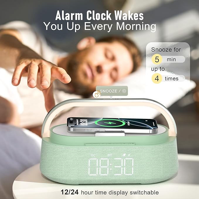 FREEFISH Bluetooth Speaker with Fast Wireless Charger,FM Radio,Touch LED Night Light,Phone Holder,Snooze, Portable Wireless Speaker for Bedrooms Office Home, Gifts