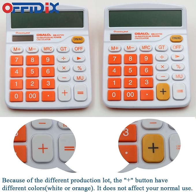 OFFIDIX Office Desk Calculator 12 Digit Large LCD Display Office Desktop Dual Power Calculator,Orange