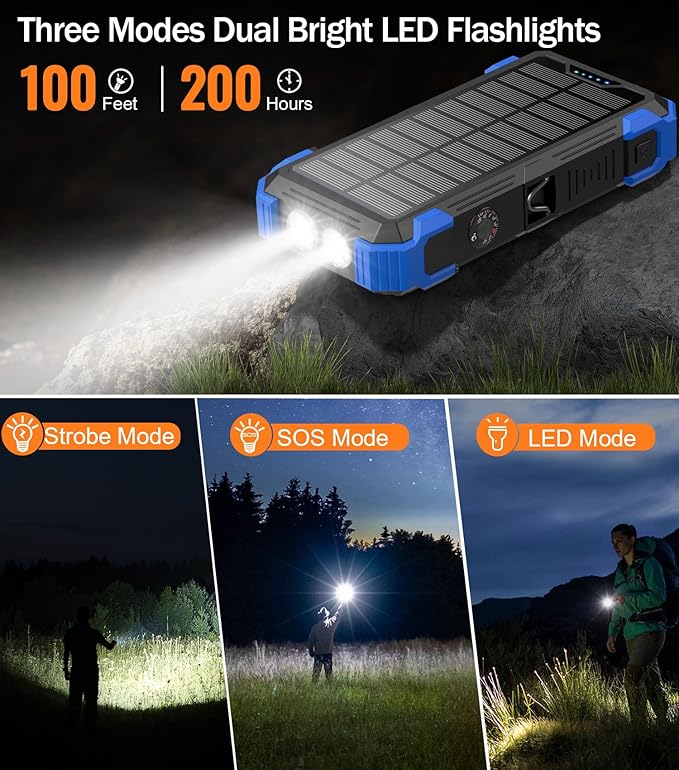 Solar Charger Power Bank, 42,800mAh Wireless Portable Charger with USB-C in/Output, QC3.0 Fast Charging 15W 4 Ports Outdoor Battery Pack Built-in LED Flashlight, for iPhone, Galaxy, iPad etc