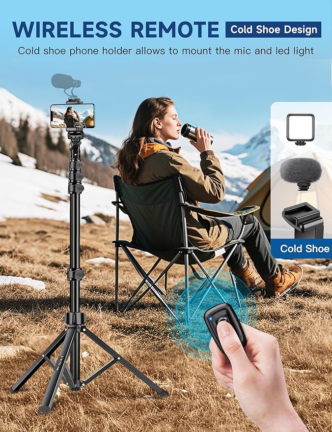 Phone Tripod Stand, 85" Tall Cellphone Tripod for iPhone with Gooseneck Remote, Flexible Portable Phone Stand for Recording, Compatible with iPhone 14 13 12 pro Android Camera