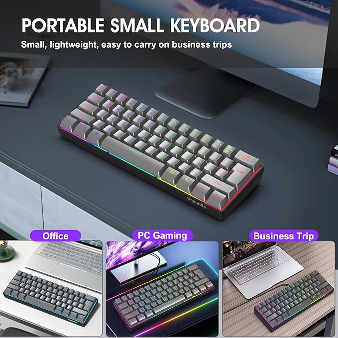 Snpurdiri 60% Wired Gaming Keyboard, RGB Backlit Ultra-Compact 61 Keys 60 Percent Mini Gaming Keyboard for PC/Mac Gamer, Typist, Travel, Easy to Carry on Business Trip(Iron Grey)