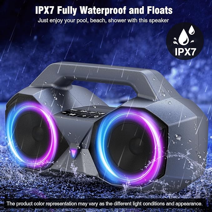 KMAG Bluetooth Speaker Wireless, 80W Loud Speaker with Deeper Bass, IPX7 Waterproof, 20H Playtime, Cool Lights, TWS, Portable Speaker for Home, Outdoor, Workshop, Party, Gift for All (Sliver)