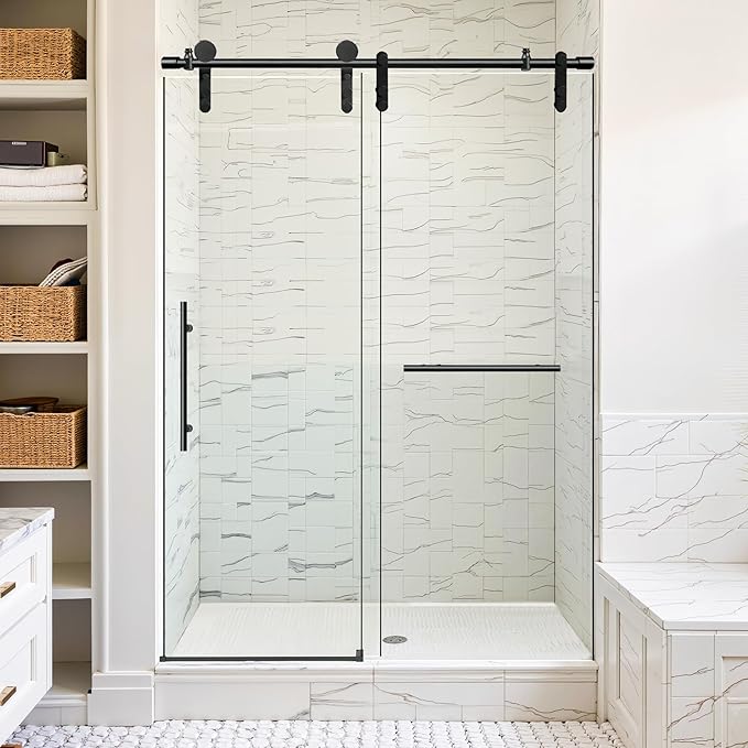 50-54" W x 76" H Frameless Shower Door Bathroom Sliding Shower Door 5/16"(8mm) Thick Tempered Glass Shower Door with Double Stainless Steel Handles for Walk-in Shower, Matte Black