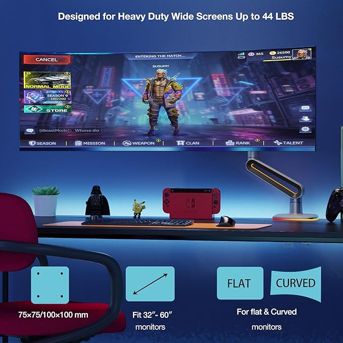 NB Designer Gaming Monitor Arm for 32 to 60 Inches Screen, Load up to 20 kg, VESA 75/100, RGB-Light, Heavy Duty, Multi Angle Adjustable, Premium Aluminum, Long Arm Extension Grey Black