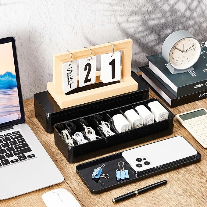 Tatuo 1 Pcs Cable Organizer Box with Wire Ties, Plastic Cord Storage Box with Lid, Electronics Organizer for Home Office Desk Organizers and Accessories (10.79'' X 3.78'' X 1.97'',Black)