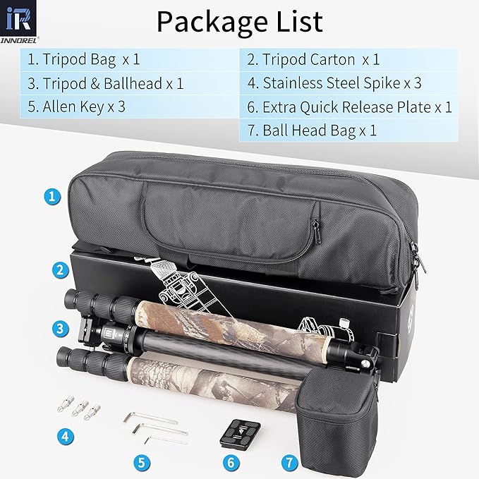 Carbon Fiber Tripod-INNOREL RT85CM Super Professional Stand with Low Gravity Center 360° Panoramic Ballhead and Green Camouflage Leg Covers for Digital DSLR Camera