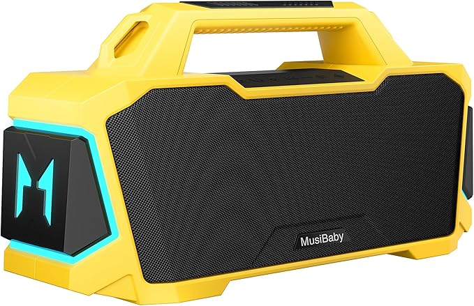 MusiBaby M1 Portable Bluetooth Speaker Yellow, Loud Stereo Sound Subwoofer Deep Bass, IPX6 Waterproof, 24H+ Playtime, Bluetooth 5.3, Dual Pairing Boombox for Outdoor Camping Hiking Party Shower