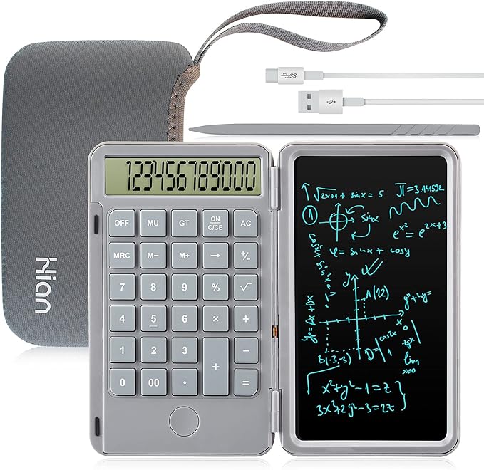 Hion Calculator,12-Digit Large Display Office Desk Calcultors with Erasable Writing Table,Rechargeable Hand held Multi-Function Mute Pocket Desktop Calculator for Basic Financial Home School (Grey)