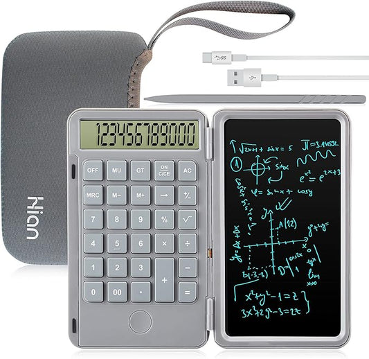 Hion Calculator,12-Digit Large Display Office Desk Calcultors with Erasable Writing Table,Rechargeable Hand held Multi-Function Mute Pocket Desktop Calculator for Basic Financial Home School (Grey)