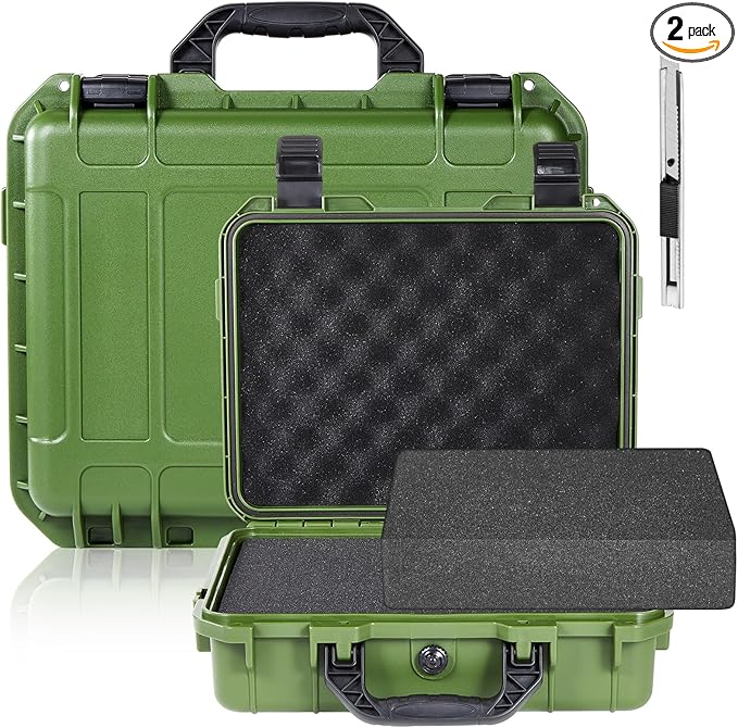 8.5 x 6.5 x 3.7 Inch Waterproof Hard Case with DIY Customizable Foam Insert Portable Protective Case with Knife for Camera Drones Equipments Tools Test Instruments (Green)