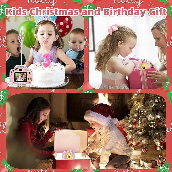 Kids Waterproof Camera - Birthday Gifts for 3 4 5 6 7 8 9 10 Year Old Girls 2 Inch IPS Screen Underwater Action Camera with 32 GB SD Card, Pool Toys for Kids Age 8-12 Pink