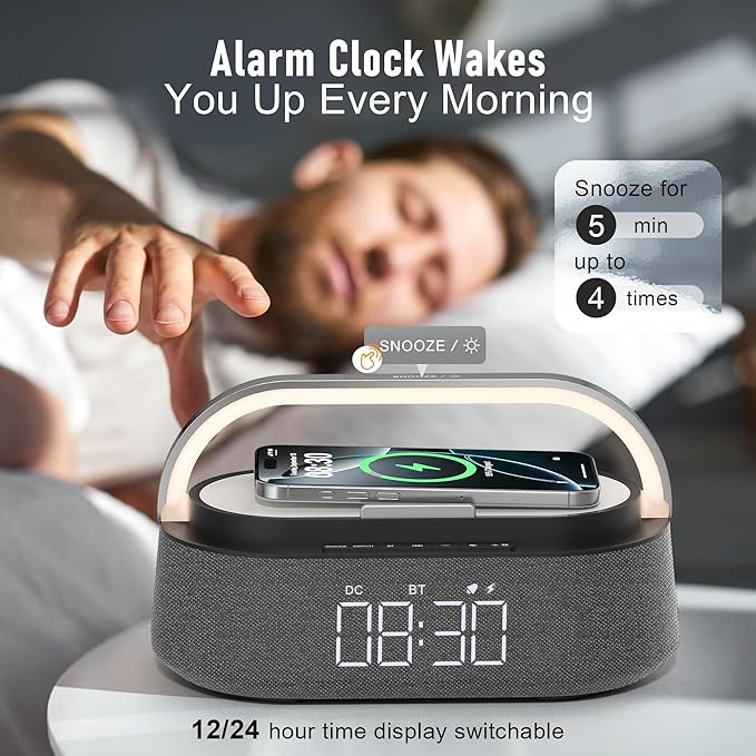 FREEFISH Bluetooth Speaker with Fast Wireless Charger,FM Radio,Touch LED Night Light,Phone Holder,Snooze, Portable Wireless Speaker for Bedrooms Office Home, Gifts (Black)